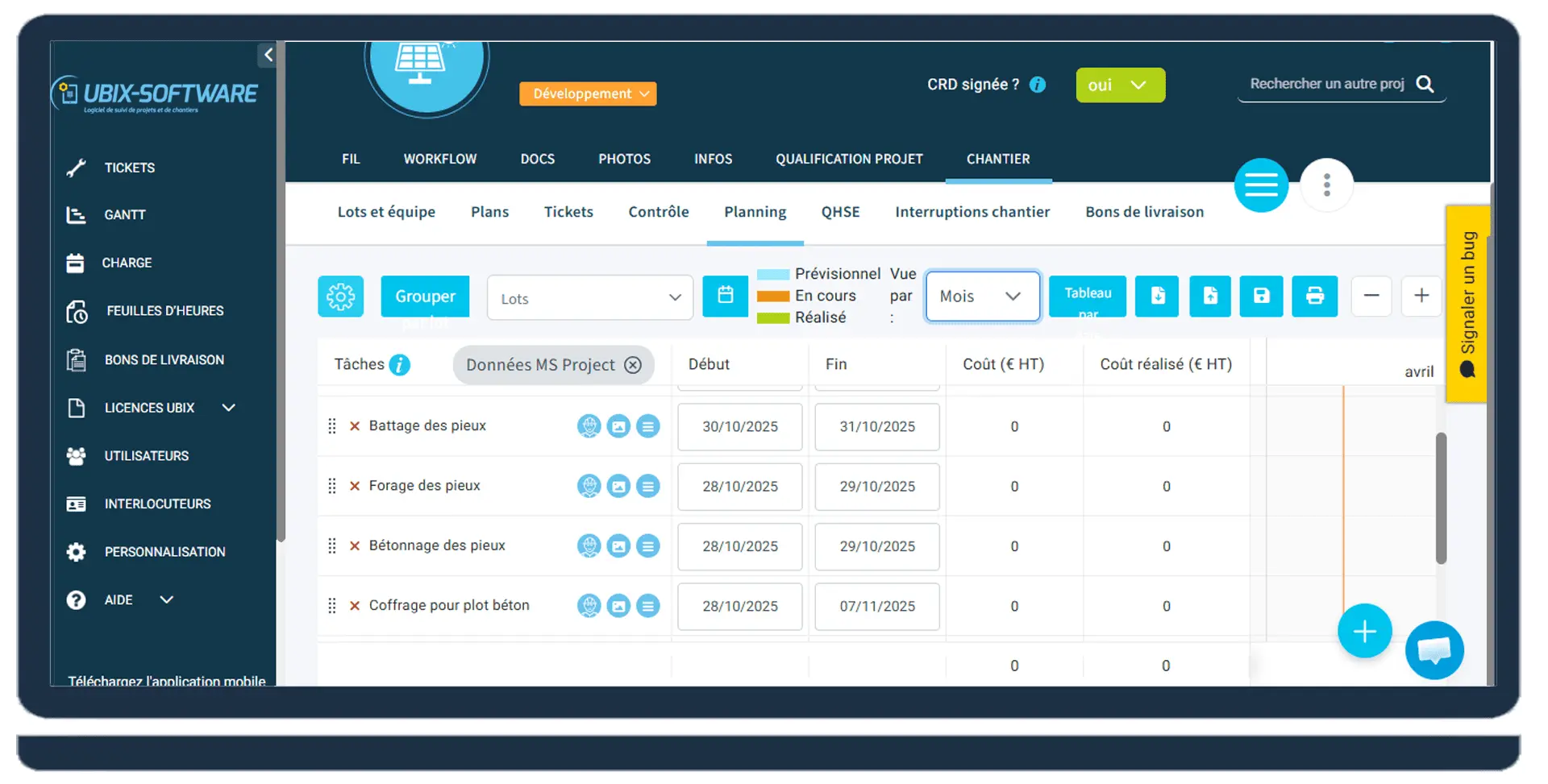 UBIX-SOFTWARE — Vue multi-chantiers du plan de charge