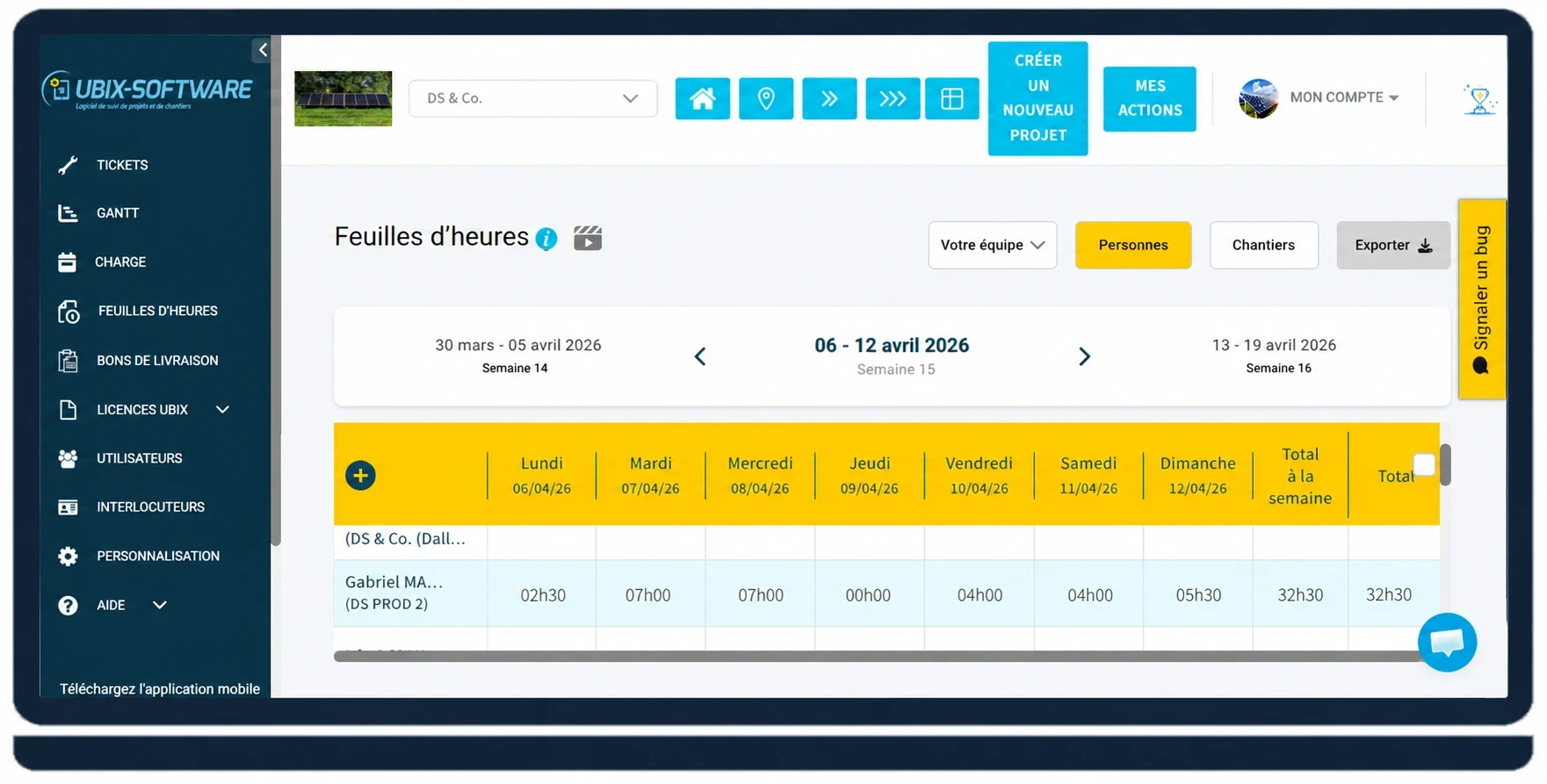 UBIX-SOFTWARE — Tableau de bord de pointage d'heures sur chantier