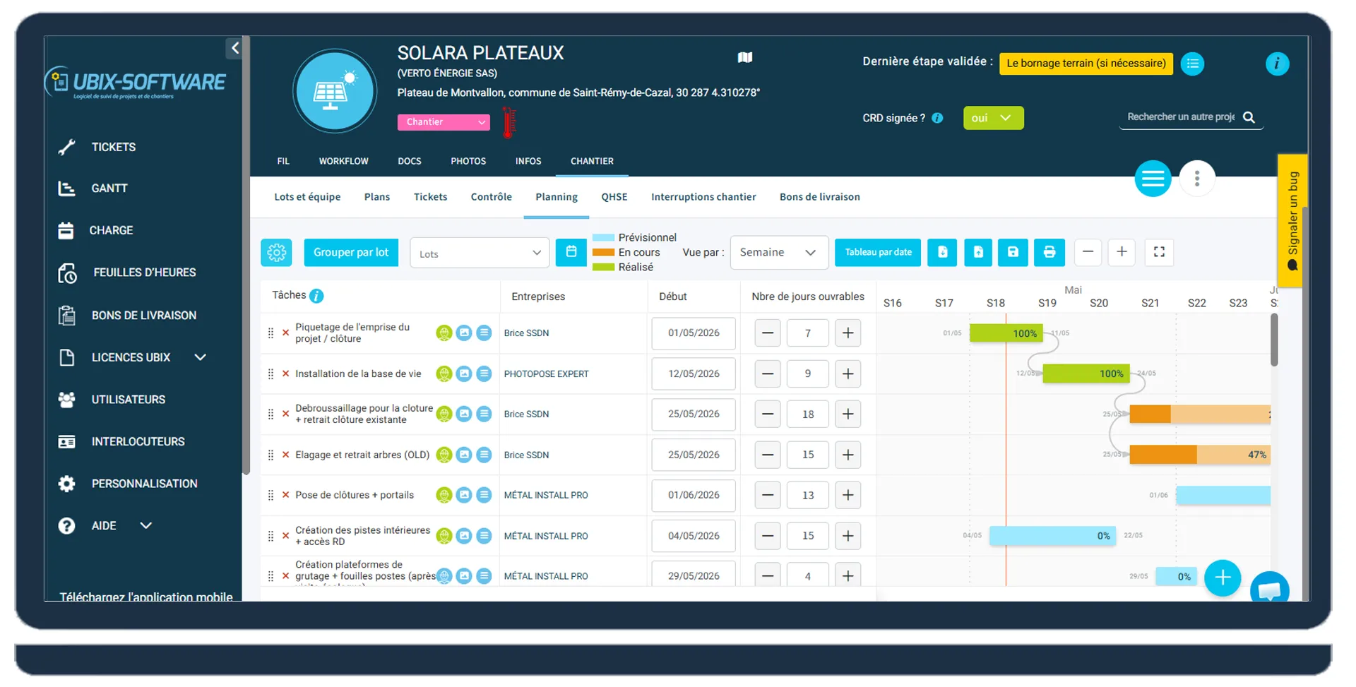 Le logiciel Gantt d'UBIX-SOFTWARE vous aide à visualiser clairement le déroulement des différentes tâches de vos chantiers