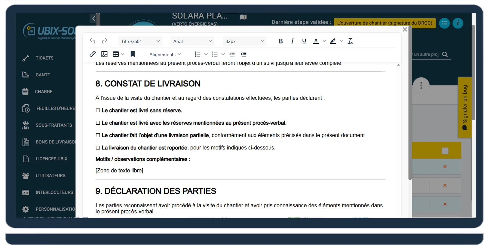 Application mobile UBIX-SOFTWARE — Signature du PV de livraison sur chantier
