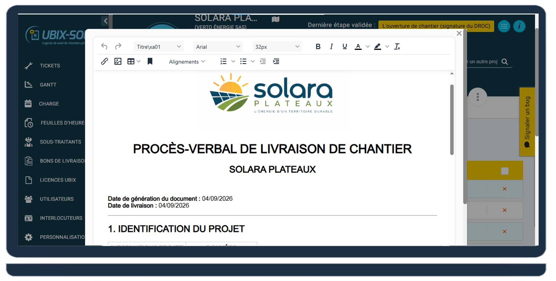 Logiciel UBIX-SOFTWARE - PV de livraison signé sur chantier