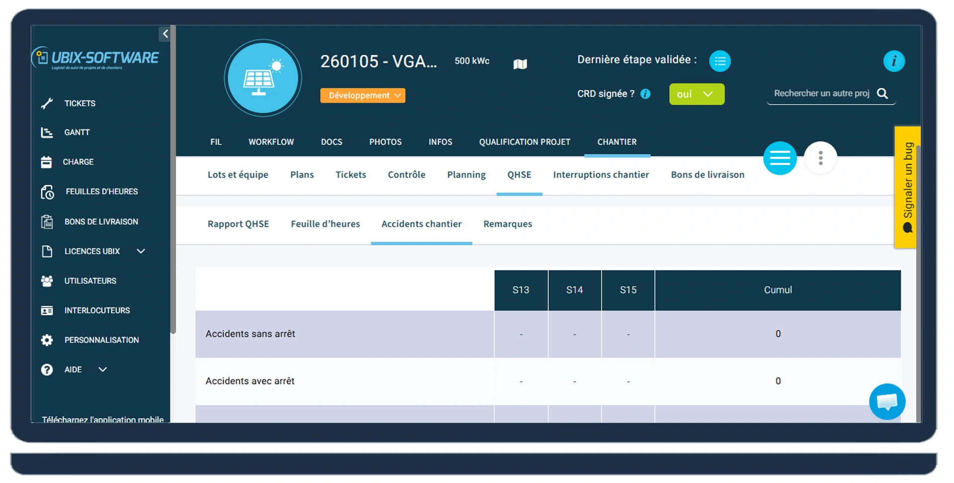 Vue QHSE dans UBIX-SOFTWARE : contrôles, incidents et actions correctives