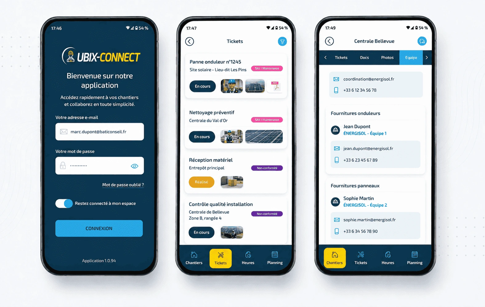Interface de l'application mobile UBIX-SOFTWARE pour sous-traitants